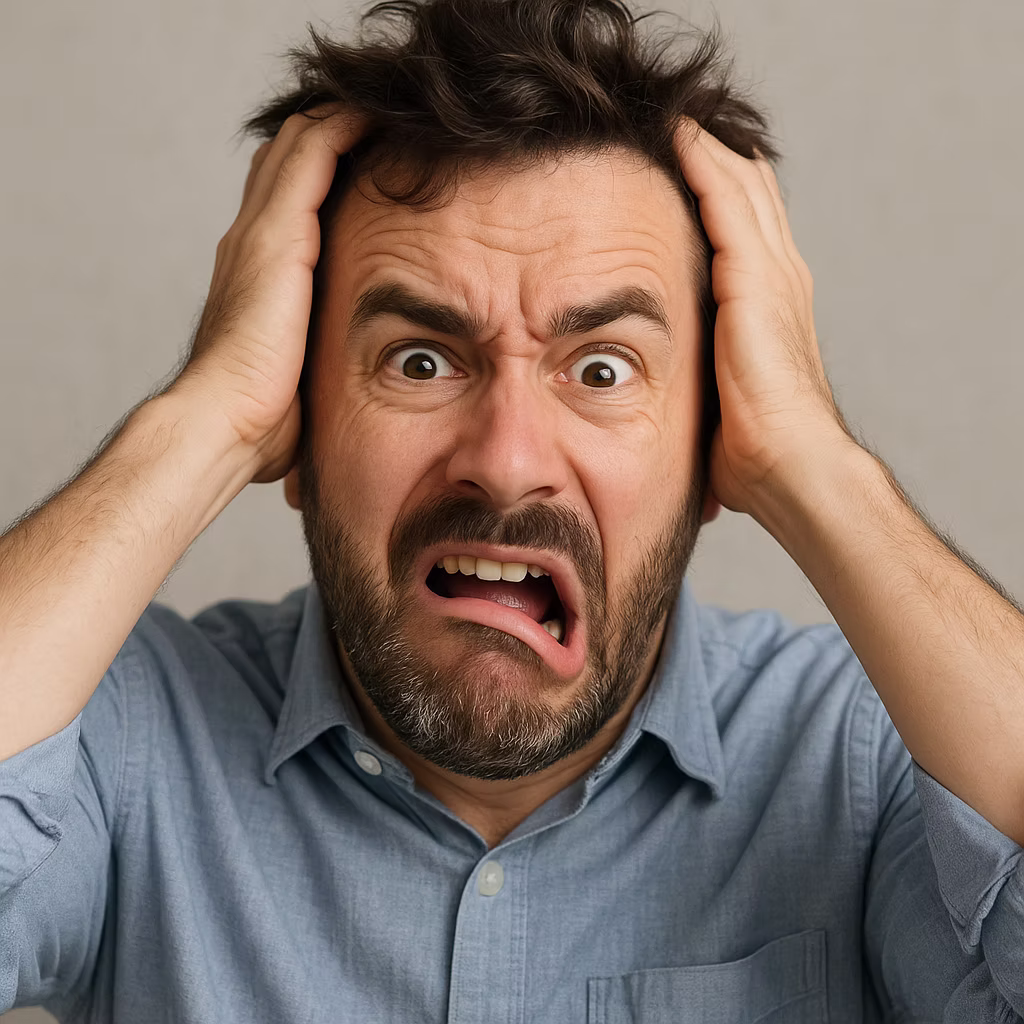 A close-up portrait of a highly stressed, bearded man in a blue button-down shirt gripping his hair with wide eyes and a contorted mouth, visually representing the frustration, confusion, and overwhelming nature of navigating complex IT decisions.