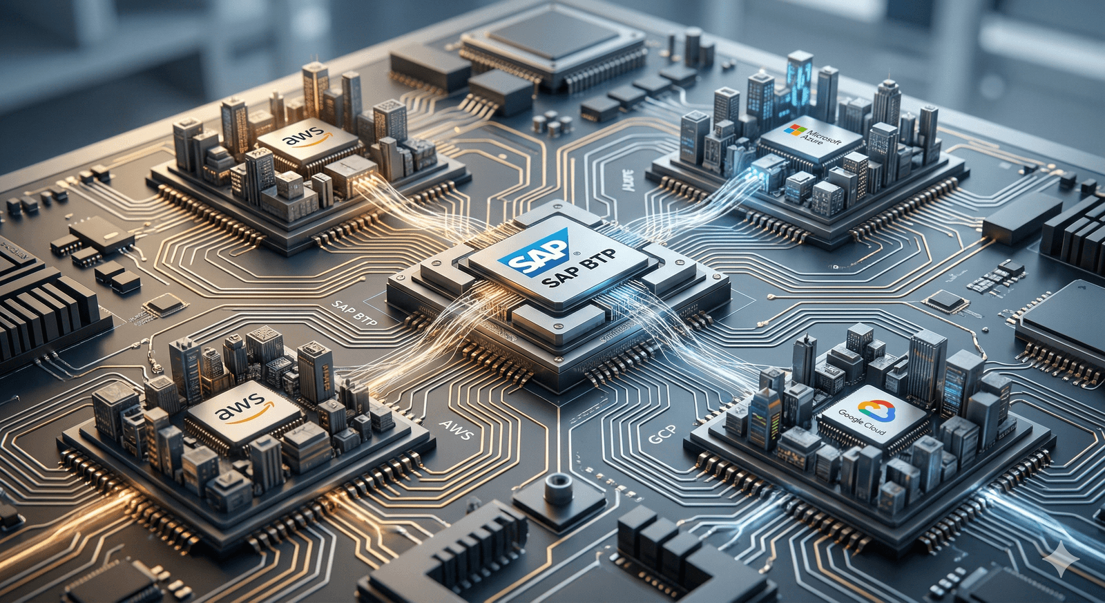 A photo-realistic conceptual macro photograph of a highly complex, multi-layered electronic circuit board designed as an intricate, high-tech miniature city of interlinked platforms. At the center, a large multi-faceted processor hub serves as the downtown, distinctly labeled with the official SAP logo and text "SAP BTP". This central hub is connected by delicate glowing blue optical fibers and graceful gold and silver data traces to surrounding architectural chip clusters. These surrounding city-state hubs represent the hyperscalers: two accurately marked with official small logos for AWS (Amazon Web Services), one accurately marked with the official Microsoft Azure logo, and one accurately marked with the official Google Cloud logo. Graceful integrated energy pulses and complex data flows weave throughout and connect all hubs, symbolizing seamless coexistence and strategic decision-making in a multi-cloud landscape. Small etched text labels on the board read: "SAP BTP", "AWS", "Azure", and "GCP". The perspective is a tight, low-angle shot, emphasizing the depth and intricate interconnections against a softly blurred laboratory background.