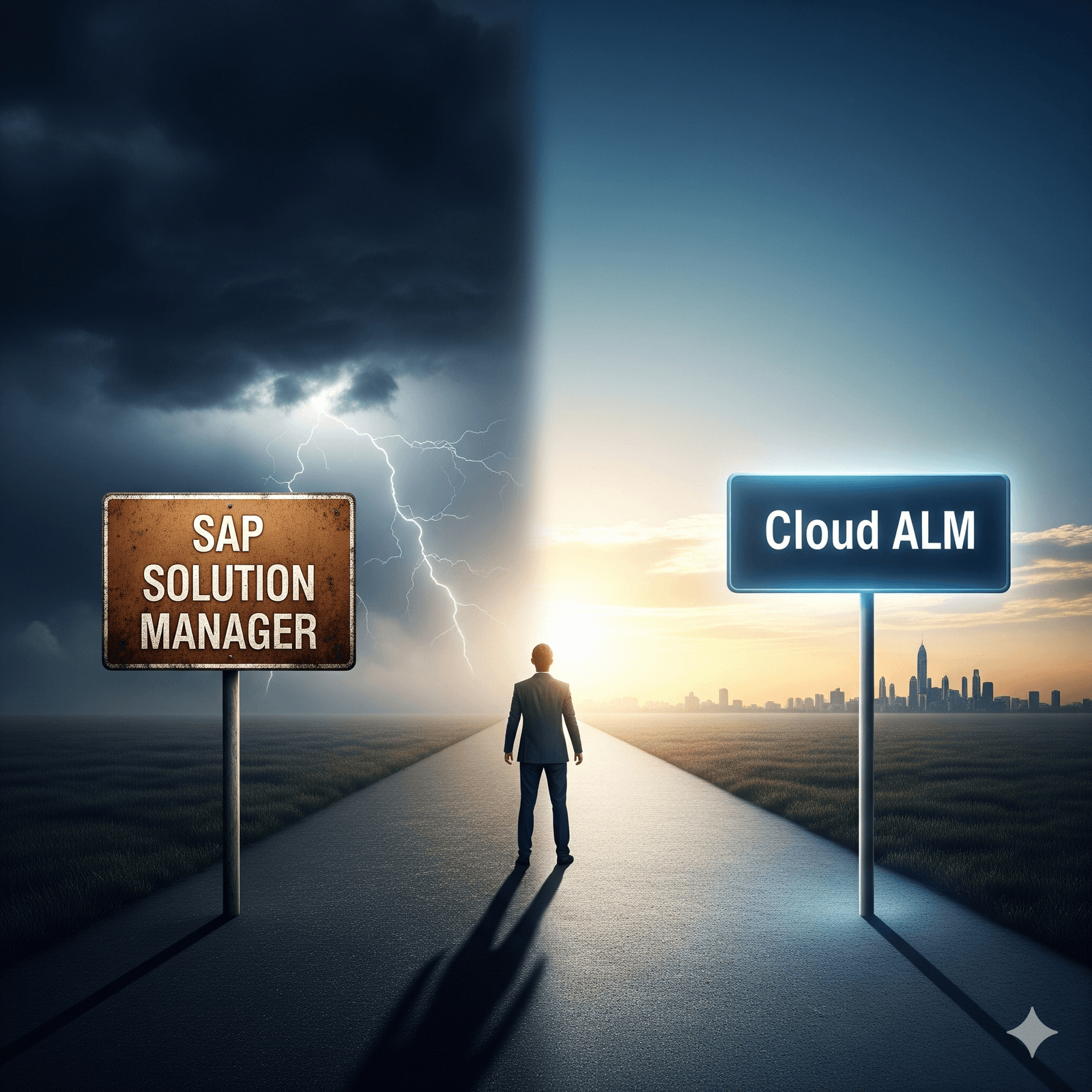 A conceptual image showing a man in a business suit viewed from behind, standing on a road that is dramatically split into two distinct, contrasting paths. On the left side, the sky is dark, heavily clouded, and filled with prominent jagged lightning. In this shadowed area, a rusted, weathered sign stands on a post, bearing the text "SAP SOLUTION MANAGER". On the right side, the sky is clear, featuring a bright, optimistic sunrise or sunset over a modern city skyline. In this illuminated area, a clean, modern, and glowing blue sign stands on a post, bearing the text "Cloud ALM". The man appears to be facing a choice between the two paths.