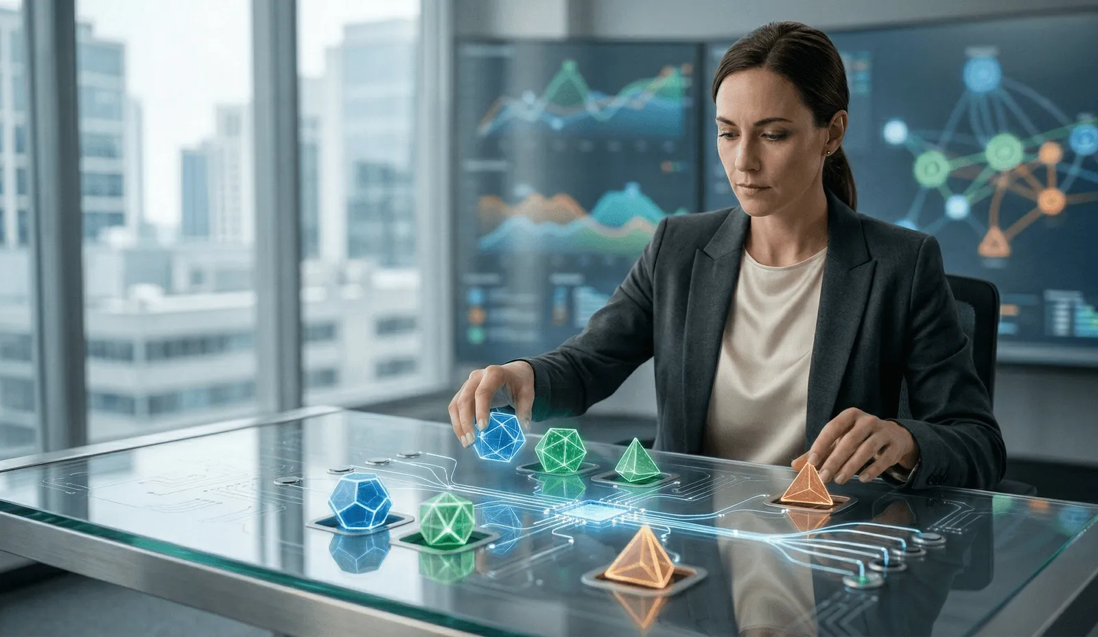 A professional woman sorting glowing, multi-coloured geometric shapes into matching slots on a high-tech glass desk, symbolising the careful organisation of data.